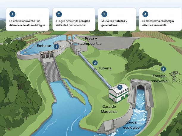 infografía de una central hidroeléctrica de pasada
