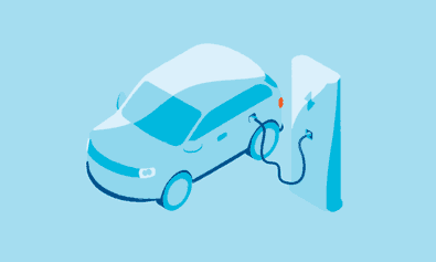 Ilustración de auto eléctrico recargándose de energía