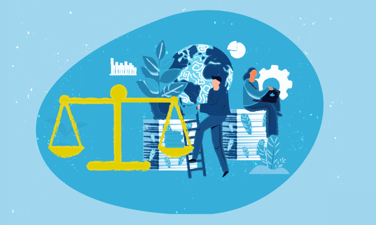 ilustración con personas y el símbolo de la justicia